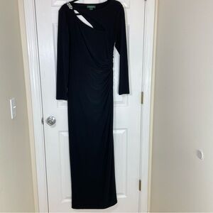 Lauren Ralph Lauren Black Jersey Knit Ruched Cutouts Slit Evening Gown Size 10